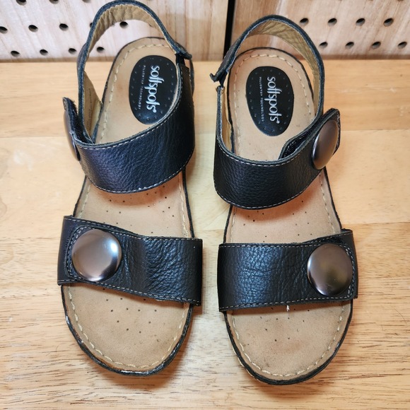 SOFTSPOTS Women's •Pamela• Wedge Sandal 8M Pillow Top Tech Black Upper Leather - Picture 1 of 7